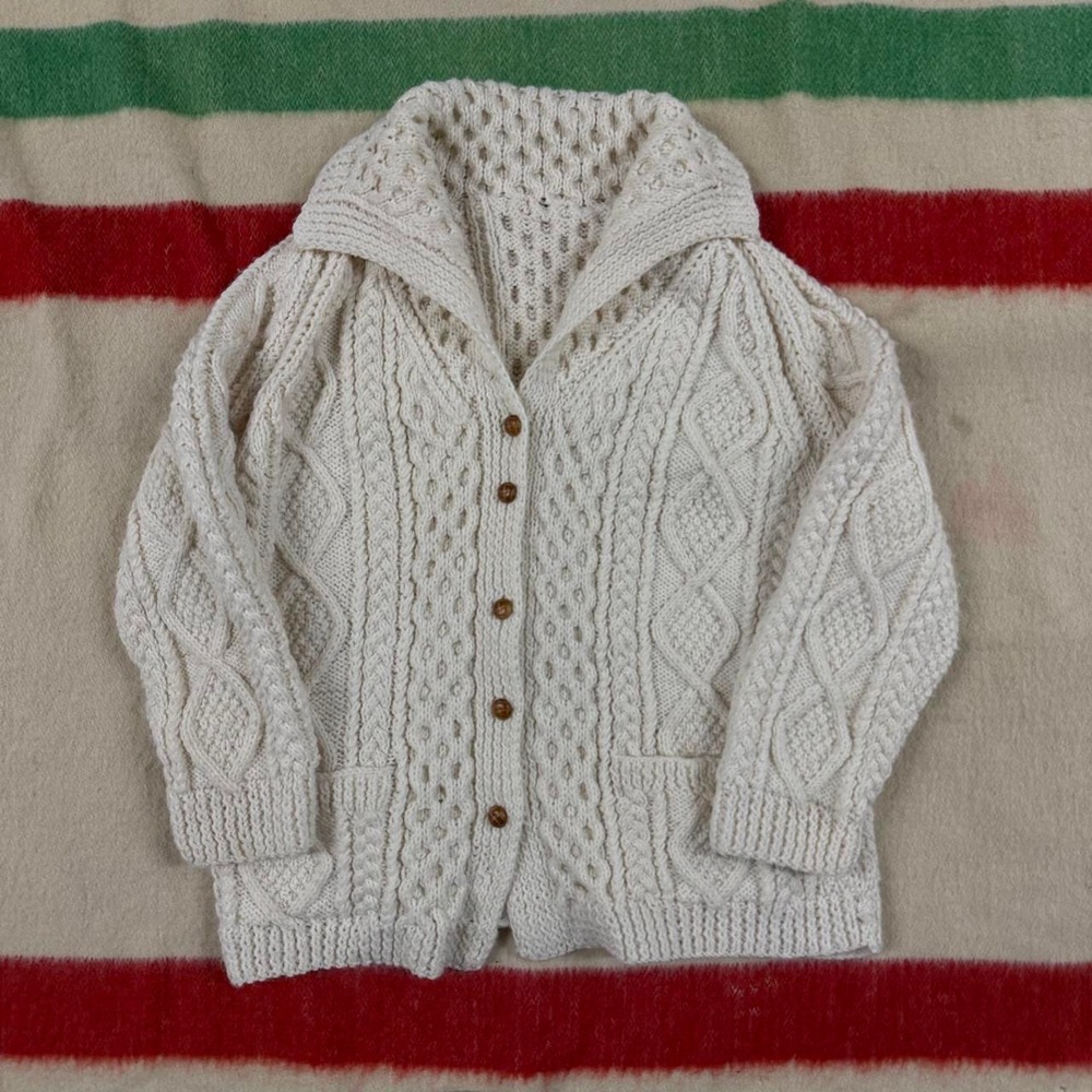 Vintage Womens Chunky Cable Knit Cardigan Sweater Cream White Large 80s Fall